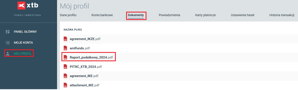 Gdzie znaleźć raport podatkowy XTB - zrzut własny
