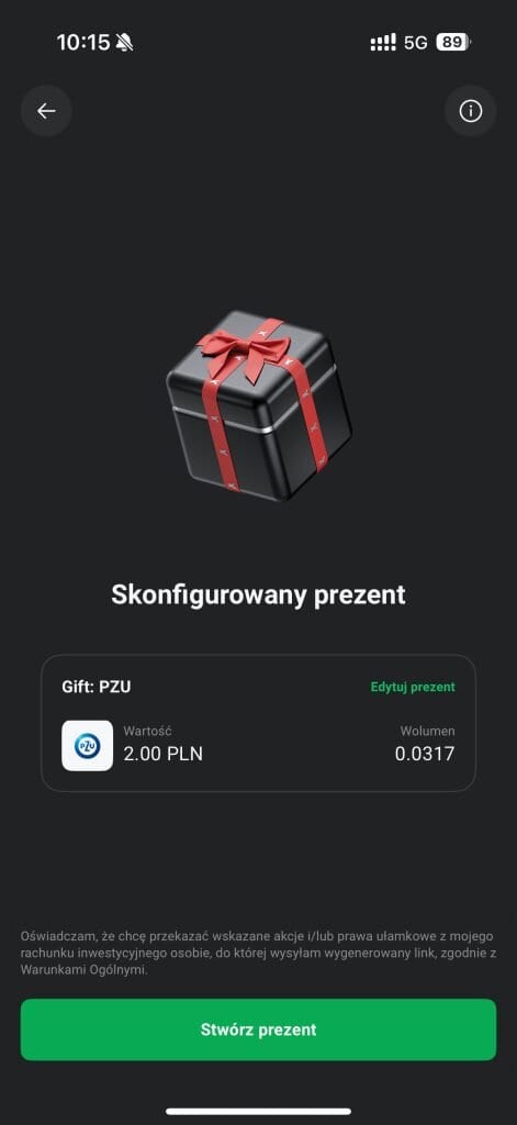Skonfigurowany prezent w postaci akcji gotowy do wysłania